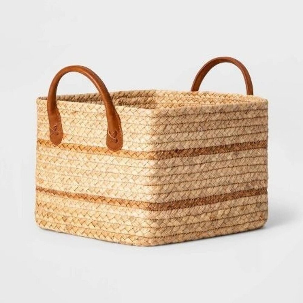 Threshold Small Braided Water Hyacinth Basket with Faux Leather‎ Handles